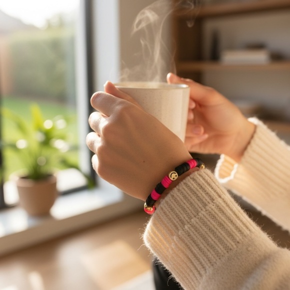 Handmade Pink and Black Heishi Bracelet Y2K Stackable Preppy 90s Surfer Beachy - Picture 3 of 6